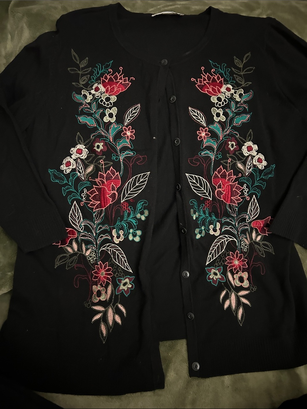 Embroidered Black Cardigan Sweater with Floral Motif no size listed